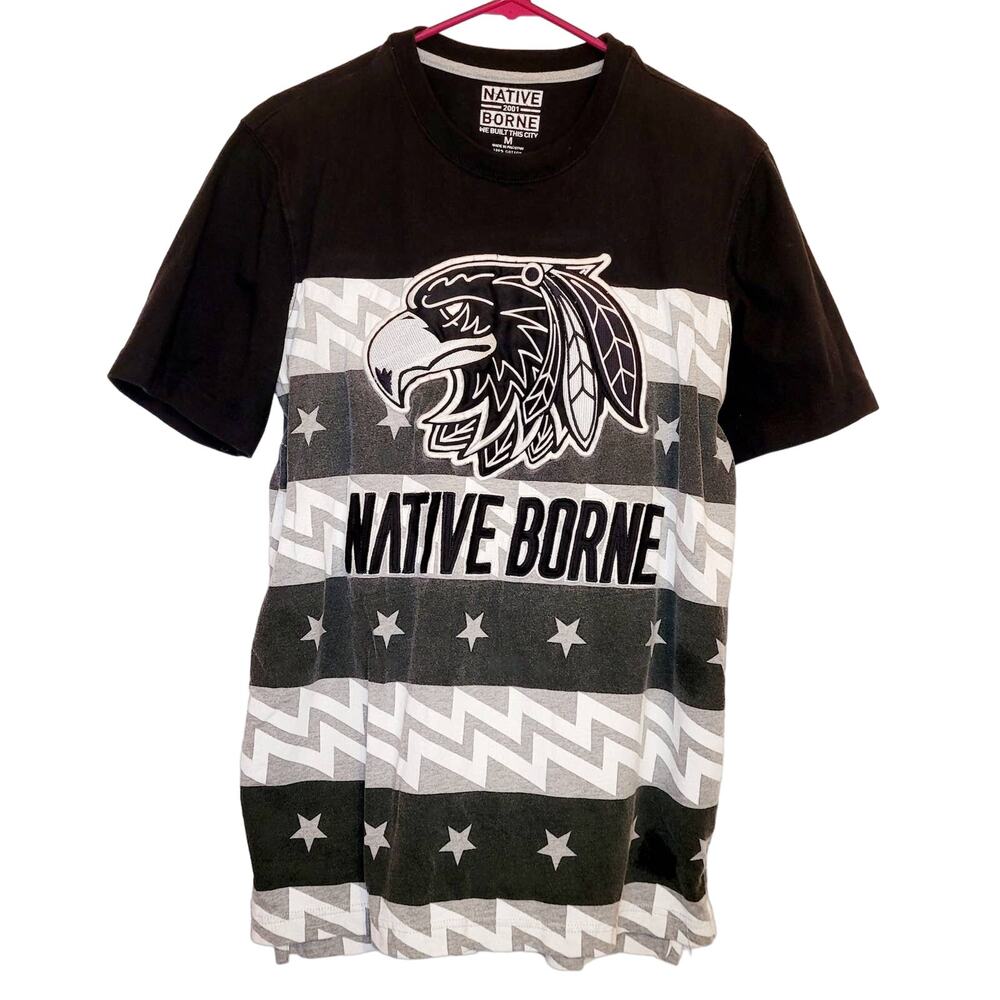 Vintage Native Born black and white Eagle embroidered t-shirt Size Med Y2k